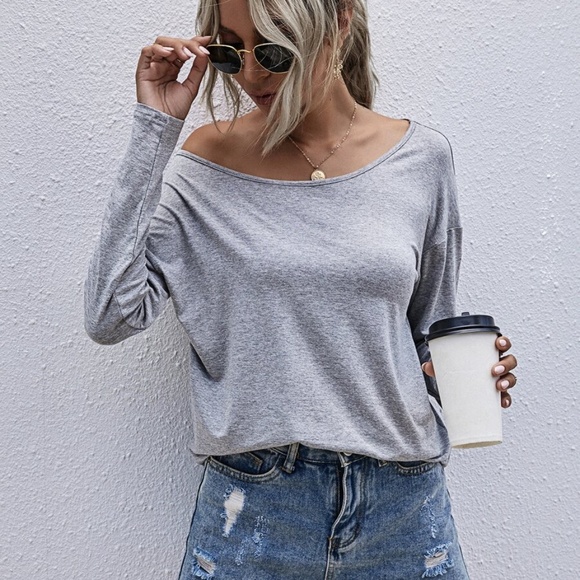 Boho chic off shoulder grey long sleeve top - Picture 5 of 8